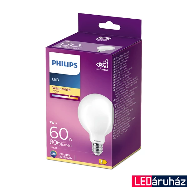 PHILIPS E27 Globe G93 LED fényforrás, 2700K melegfehér, 7 W, 806  lm, CRI 80, 8718699764692