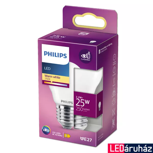 PHILIPS E27 kisgömb P45 LED fényforrás, 2700K melegfehér, 2,2 W, 250  lm, CRI 80, 8718699763459
