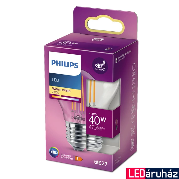 PHILIPS E27 kisgömb P45 LED fényforrás, 2700K melegfehér, 4,3 W, 470  lm, CRI 80, 8718699763176