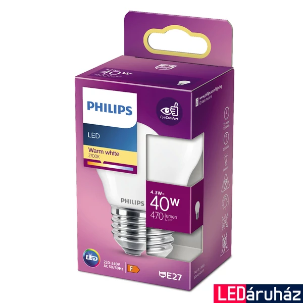 PHILIPS E27 kisgömb P45 LED fényforrás, 2700K melegfehér, 4,3 W, 470  lm, CRI 80, 8718699763473