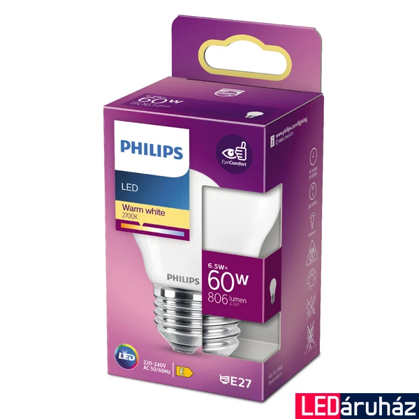 PHILIPS E27 kisgömb P45 LED fényforrás, 2700K melegfehér, 6,5 W, 806  lm, CRI 80, 8718699762858