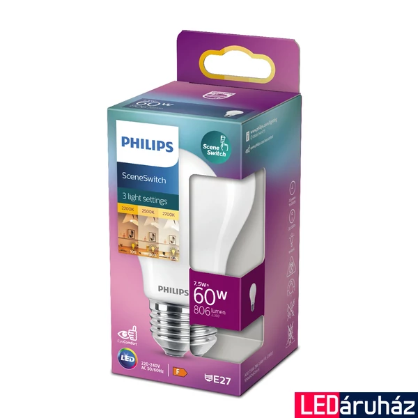 PHILIPS E27 normál izzó A60 LED fényforrás, 2200K/2500K/2700K SceneSwitch, 7,5 W, 806-320-150  lm, CRI 80, 8719514263963