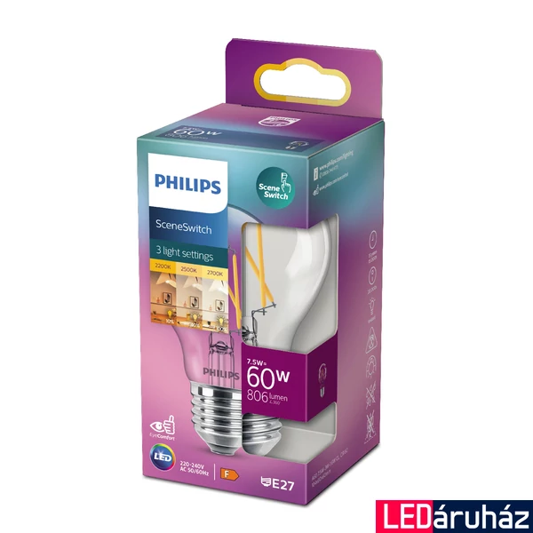 PHILIPS E27 normál izzó A60 LED fényforrás, 2200K/2500K/2700K SceneSwitch, 7,5 W, 806-320-150  lm, CRI 80, 8718699772130