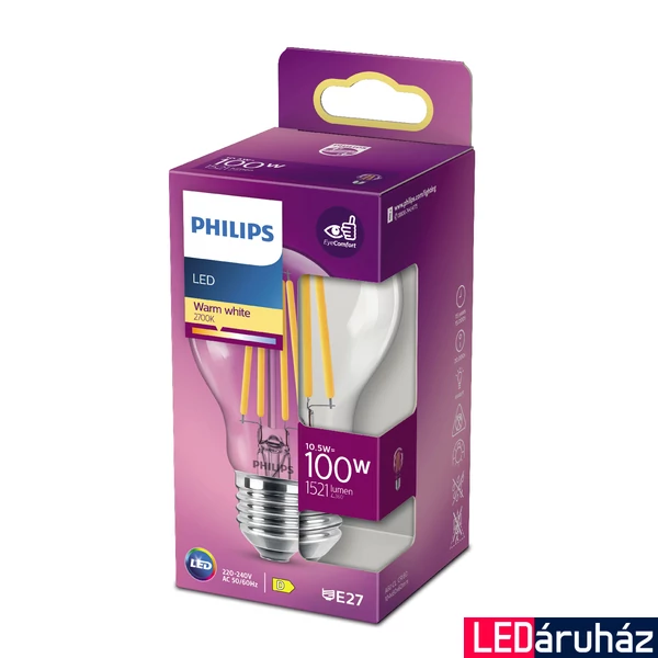 PHILIPS E27 normál izzó A60 LED fényforrás, 2700K melegfehér, 10,5 W, 1521  lm, CRI 80, 8718699763015