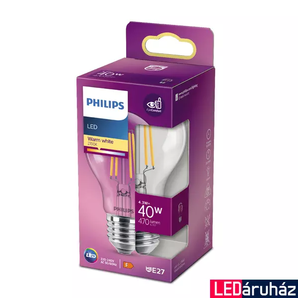 PHILIPS E27 normál izzó A60 LED fényforrás, 2700K melegfehér, 4,3 W, 470  lm, CRI 80, 8718699761998