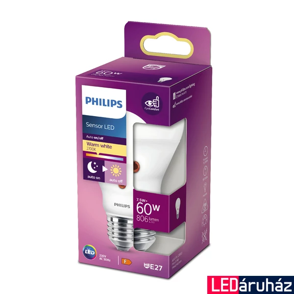 PHILIPS E27 normál izzó A60 LED fényforrás, 2700K melegfehér, 7,5 W, 250°, CRI 80, 8718699782696