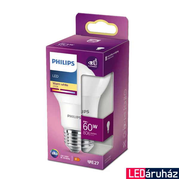 PHILIPS E27 normál izzó A60 LED fényforrás, 2700K melegfehér, 8 W, 200°, CRI 80, 8718699769642