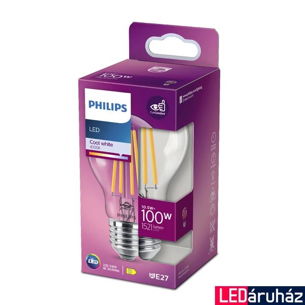 PHILIPS E27 normál izzó A60 LED fényforrás, 4000K természetes fehér, 10,5 W, 1521  lm, CRI 80, 8718699762070