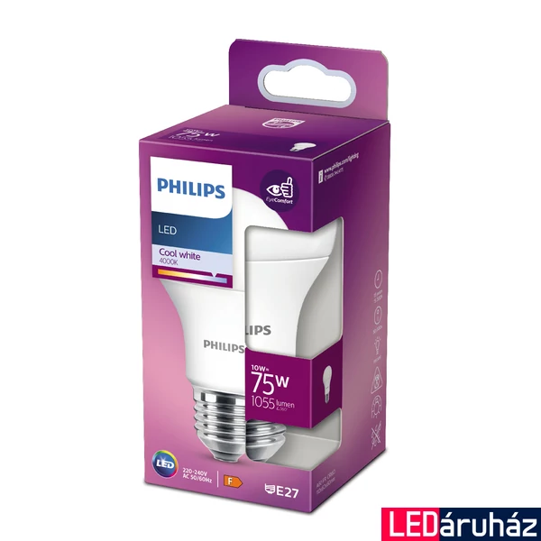 PHILIPS E27 normál izzó A60 LED fényforrás, 4000K természetes fehér, 10 W, 200°, CRI 80, 8718699769888