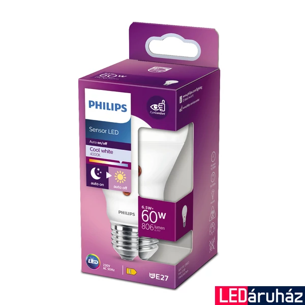 PHILIPS E27 normál izzó A60 LED fényforrás, 4000K természetes fehér, 6,5 W, 250°, CRI 80, 8718699782719