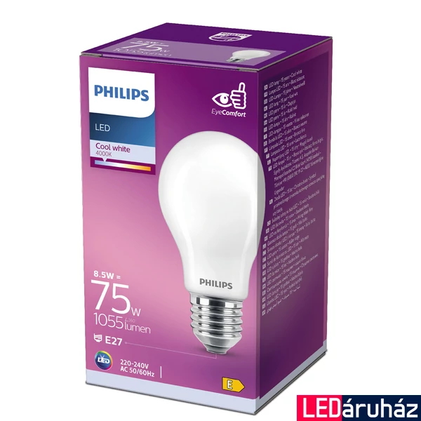 PHILIPS E27 normál izzó A60 LED fényforrás, 4000K természetes fehér, 8,5 W, 1055  lm, CRI 80, 8718696705612