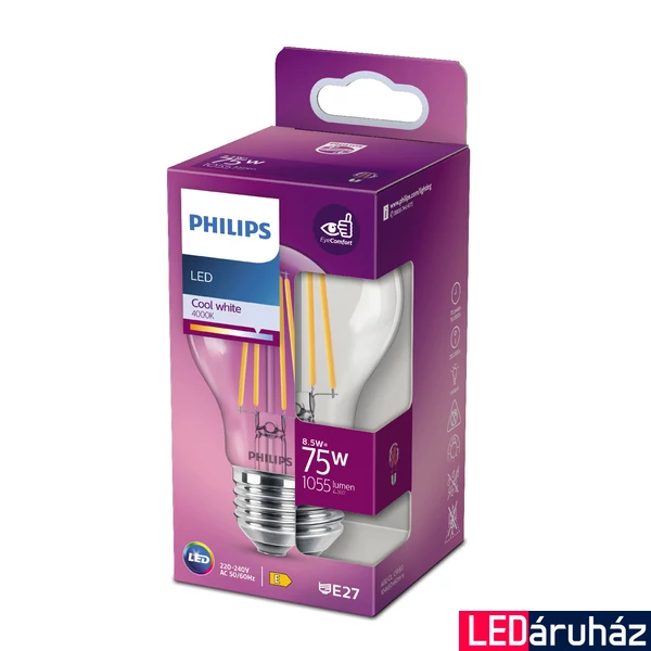PHILIPS E27 normál izzó A60 LED fényforrás, 4000K természetes fehér, 8,5 W, 1055  lm, CRI 80, 8718699762032