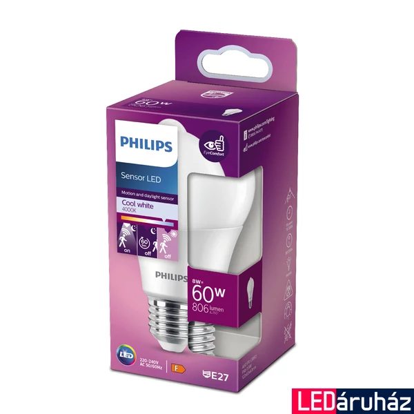 PHILIPS E27 normál izzó A60 LED fényforrás, 4000K természetes fehér, 8 W, 806 lm, 280°, CRI 80, 8718699782757