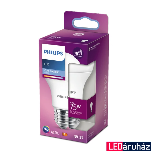 PHILIPS E27 normál izzó A60 LED fényforrás, 6500K hidegfehér, 10 W, 200°, CRI 80, 8718699769369