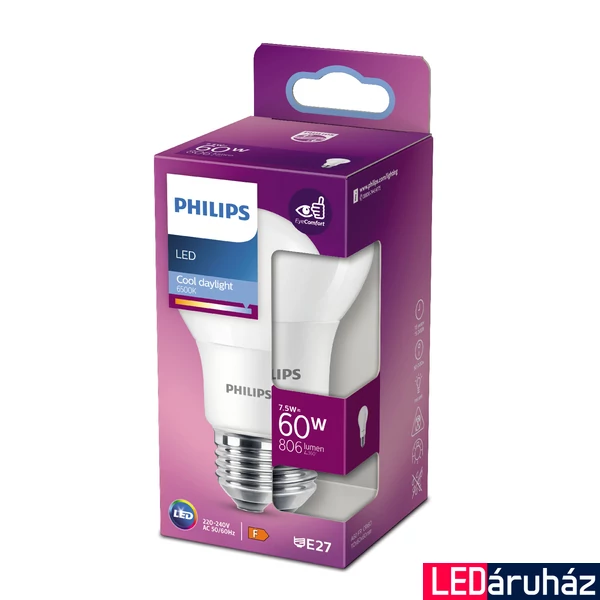 PHILIPS E27 normál izzó A60 LED fényforrás, 6500K hidegfehér, 7,5 W, 200°, CRI 80, 8718699769321