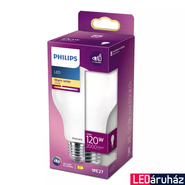 PHILIPS E27 normál izzó A67 LED fényforrás, 2700K melegfehér, 13 W, 2000  lm, CRI 80, 8718699764517
