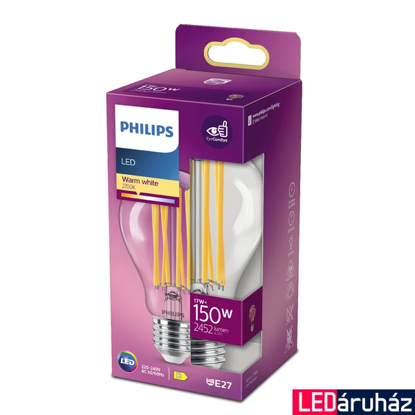 PHILIPS E27 normál izzó A67 LED fényforrás, 2700K melegfehér, 17 W, 2452  lm, CRI 80, 8718699762377