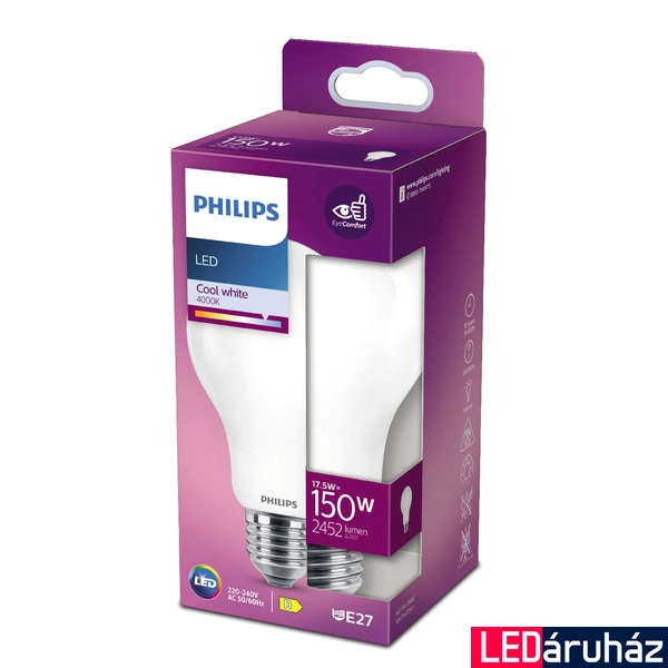 PHILIPS E27 normál izzó A67 LED fényforrás, 4000K természetes fehér, 17,5 W, 2452  lm, CRI 80, 8718699764593