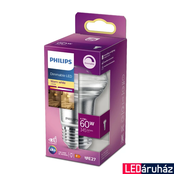 PHILIPS E27 spot R63 LED fényforrás, 2700K melegfehér, 4,5 W, 36°, CRI 80, 8718699773830