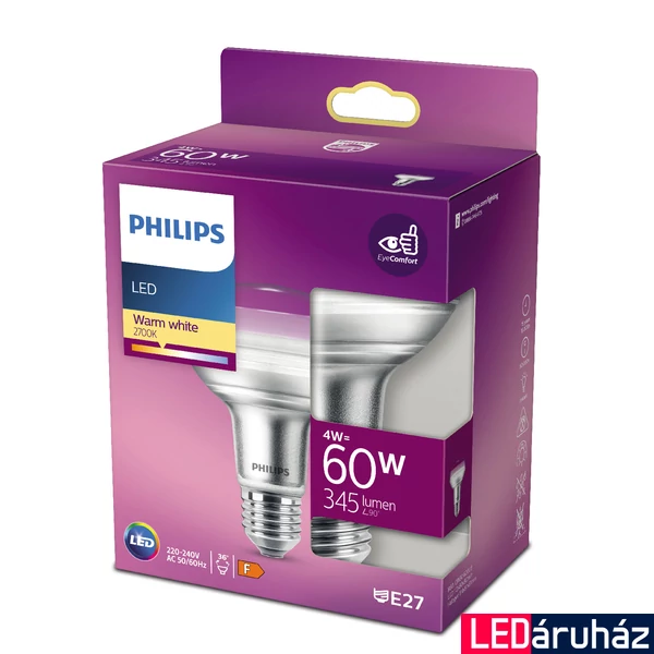 PHILIPS E27 spot R80 LED fényforrás, 2700K melegfehér, 4 W, 36°, CRI 80, 8718699773854