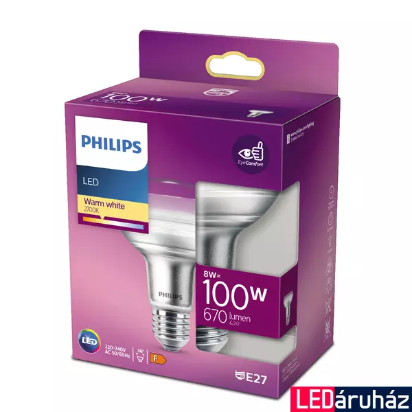 PHILIPS E27 spot R80 LED fényforrás, 2700K melegfehér, 8 W, 36°, CRI 80, 8718699773878