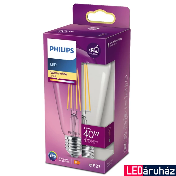 PHILIPS E27 ST64 LED fényforrás, 2700K melegfehér, 4,3 W, 470  lm, CRI 80, 8718699763039