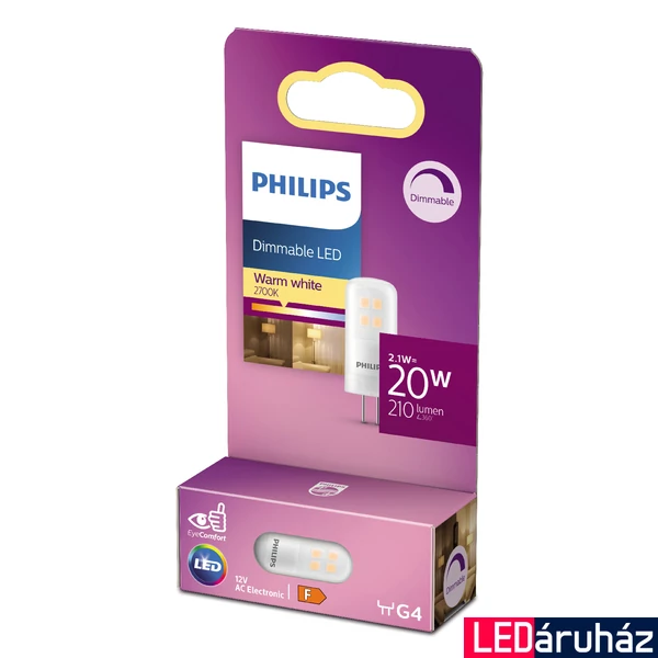 PHILIPS G4 kapszula LED fényforrás, 2700K melegfehér, 2,1 W, 210  lm, CRI 80, 8718699767518
