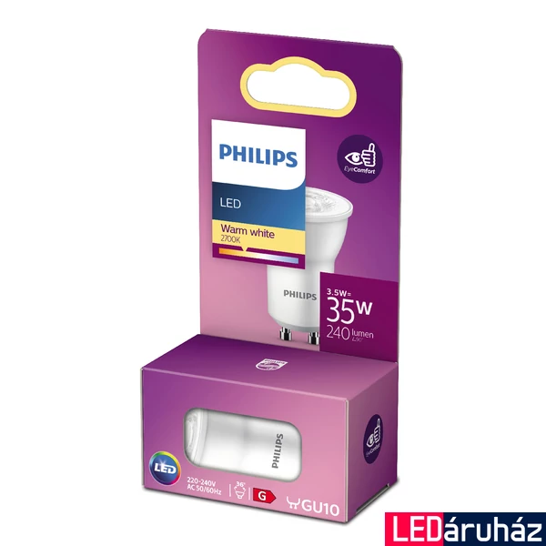 PHILIPS GU10 spot MR11 LED spot fényforrás, 2700K melegfehér, 3,5 W, 36°, CRI 80, 8718699775919