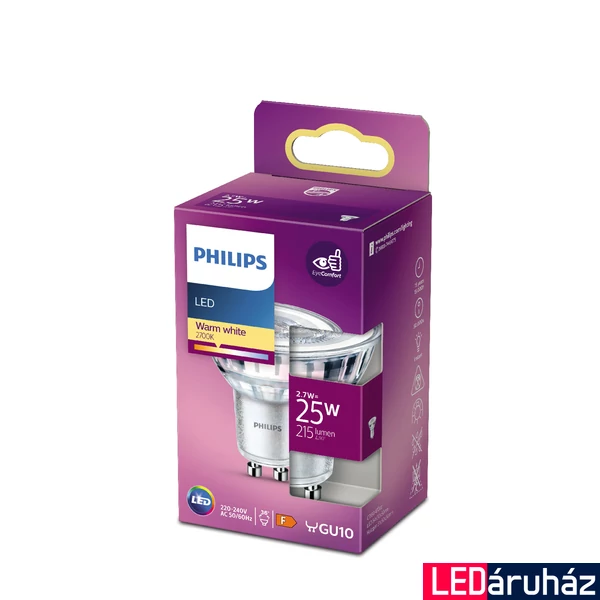 PHILIPS GU10 spot PAR16 LED spot fényforrás, 2700K melegfehér, 2,7 W, 36°, CRI 80, 8718699773656