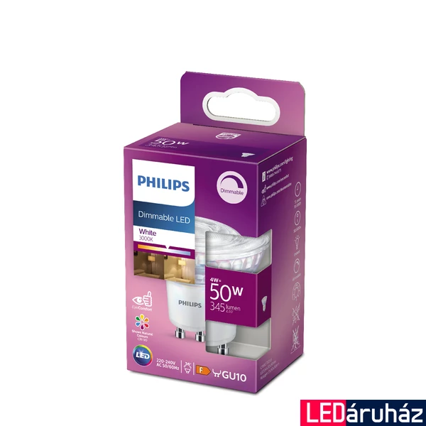 PHILIPS GU10 spot PAR16 LED spot fényforrás, 3000K melegfehér, 4 W, 36°, CRI 90, 8718699775810
