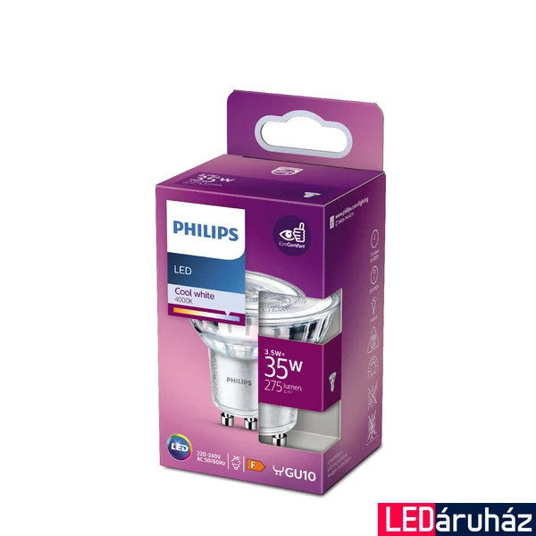 PHILIPS GU10 spot PAR16 LED spot fényforrás, 4000K természetes fehér, 3,5 W, 36°, CRI 80, 8718699774172