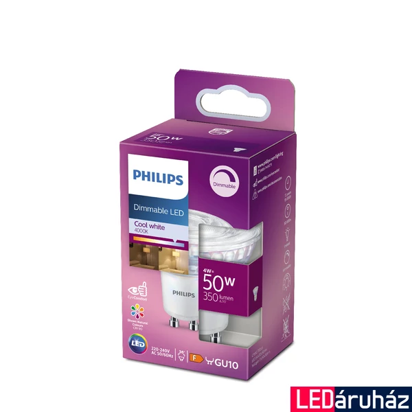 PHILIPS GU10 spot PAR16 LED spot fényforrás, 4000K természetes fehér, 4 W, 36°, CRI 90, 8718699775995