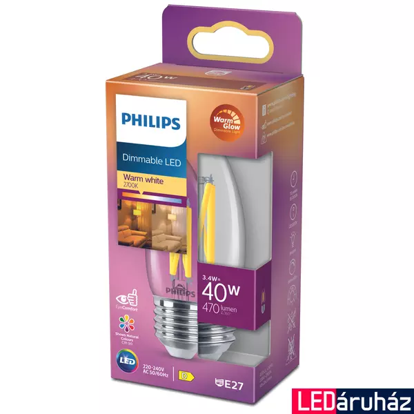 PHILIPS E14 B35 LED fényforrás, 2200K-2700K szabályozható, 3,4 W, 8719514324237