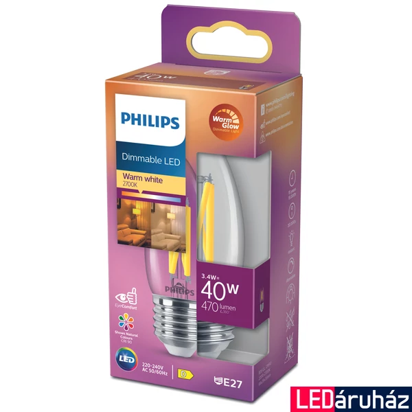 PHILIPS E14 B35 LED fényforrás, 2200K-2700K szabályozható, 3,4 W, 8719514324237