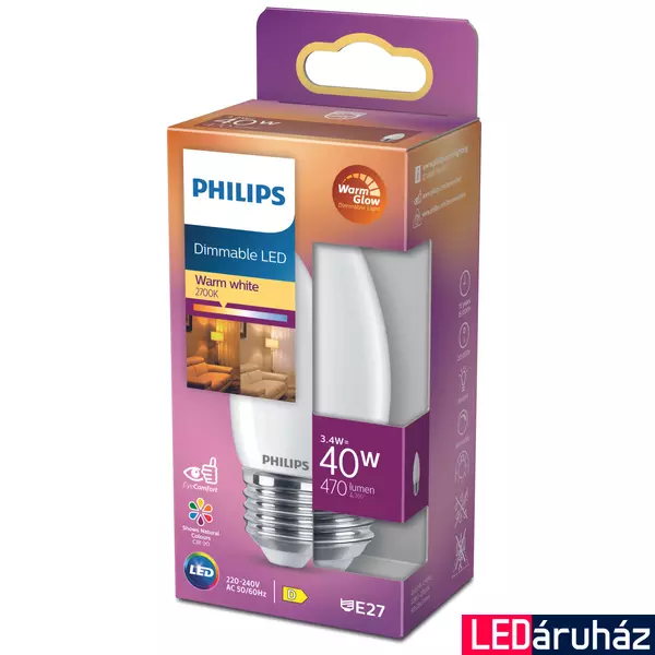 PHILIPS E14 B35 LED fényforrás, 2200K-2700K szabályozható, 3,4 W, 8719514324312