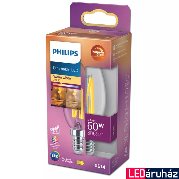 PHILIPS E14 B35 LED fényforrás, 2200K-2700K szabályozható, 5,9 W, 8719514324558