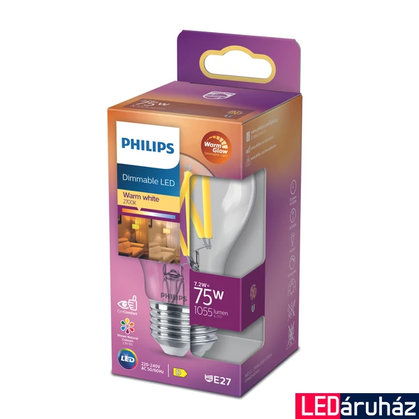 PHILIPS E27 A60 LED fényforrás, 2200K-2700K szabályozható, 7,2 W, 8719514323995