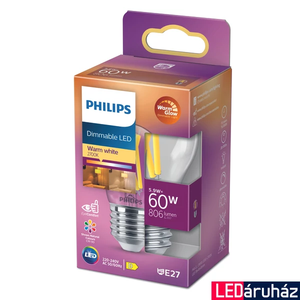 PHILIPS E27 P45 LED fényforrás, 2200K-2700K szabályozható, 5,9 W, 8719514324633