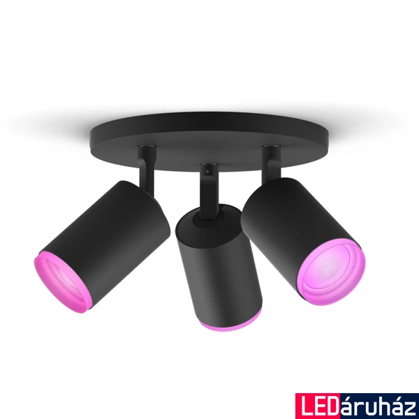 Philips Hue Fugato fekete mennyezeti spotlámpa, 3 spotfejjel, White and Color Ambiance, 3x6W, 1050lm, RGBW 2000-6500K, 3xGU10 LED fényforrás, 5063330P7
