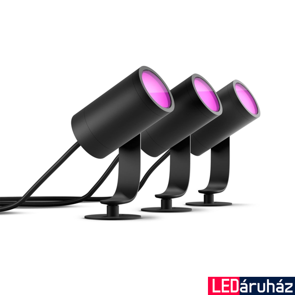 Philips Hue Lily kültéri fekete leszúrható lámpa 3db-os alapkészlet tápegységgel, White and Color Ambiance, 24V LowVolt rendszerhez, 3x8W, 1920lm, RGBW 2000-6500K, IP65, 1741430P7