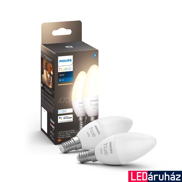 Philips Hue White E14 LED gyertya dupla csomag, 2700K melegfehér, 5,5W, 470 lm, Bluetooth+Zigbee, 8718699671273
