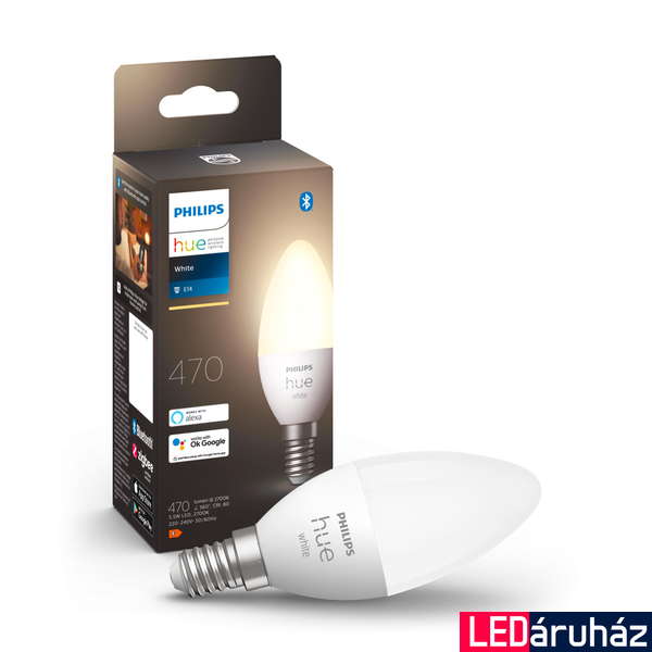 Philips Hue White E14 LED fényforrás, 2700K, 5,5W, 470 lm, Bluetooth+Zigbee, 8718699671211