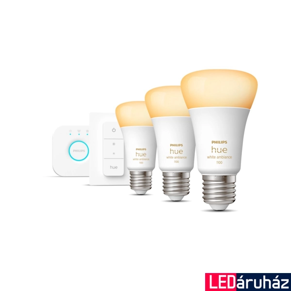 Philips Hue White Ambiance E27 LED fényforrás kezdőszett, 3xE27, 8W, 1100lm, 2200-6500K változtatható fehér + Bridge + DimSwitch, 8719514291232