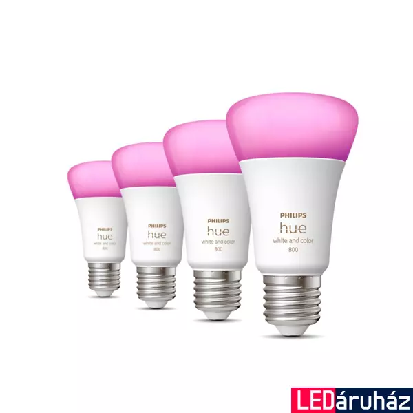 Philips Hue White and Color Ambiance E27 LED fényforrás négyes csomag, 4xE27, 6,5W, 830lm, RGBW 2000-6500K, 8719514328402