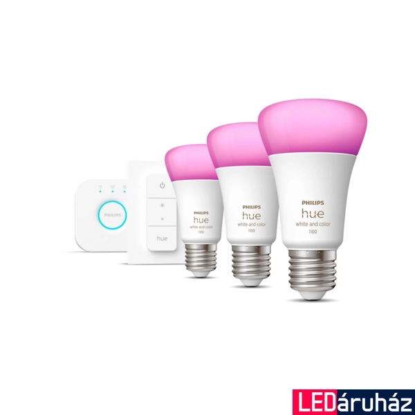 Philips Hue White and Color Ambiance E27 LED kezdőcsomag, 3xE27, 9W, 1100lm, RGBW 2000-6500K, + Bridge + DimSwitch, 8719514291355