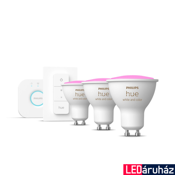 Philips Hue White and Color Ambiance GU10 LED spot fényforrás kezdőszett, 3xGU10, 5W, 350lm, RGBW 2000-6500K, + Bridge + DimSwitch, 8719514340107