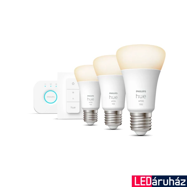 Philips Hue White E27 LED kezdőcsomag, 3xE27, 9,5W, 1055lm, 2700K melegfehér + Bridge + DimSwitch, 8719514289130