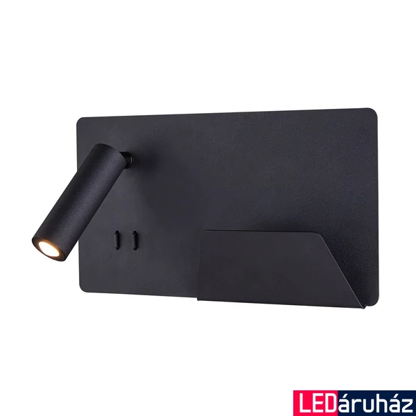 Fali lámpa, olvasókar, polc, 2xUSB csatlakozó, jobb, fekete, 3000K melegfehér, 490 lm, CRI 90, 110°, SLV Somnila Spot 1003456