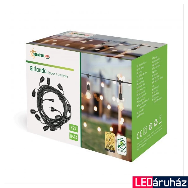 GIRLANDA LED fényfüzér, party fény, 10m, 10 db E27 foglalattal, IP44, SPECTRUM-WOJ14342