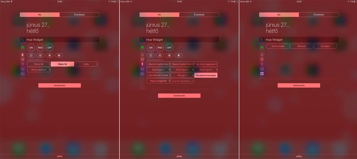 Philips Hue érteítési központ widget ios